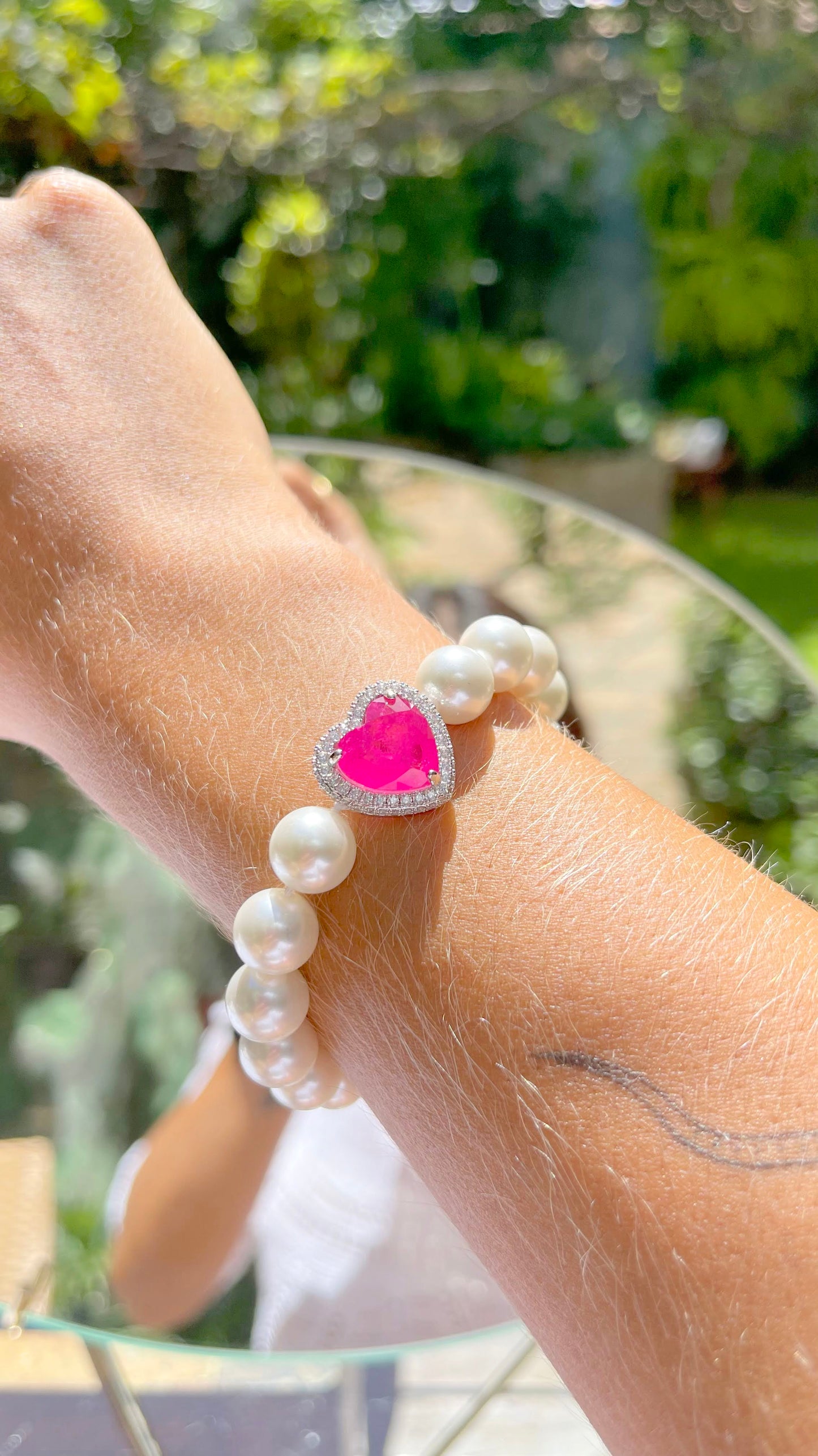 Pearl bracelet with pink tourmaline fusion heart