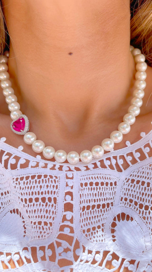 White rhodium plated pearl necklace with pink tourmaline fusion heart