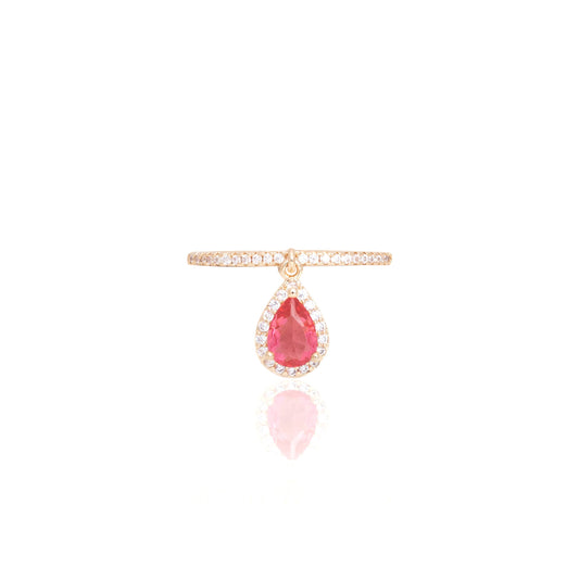 18K gold plated ring with dangling pink tourmaline crystal drop