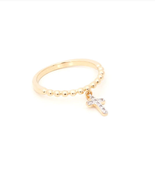 18K gold plated ring with a cross pendant and cubic zirconia